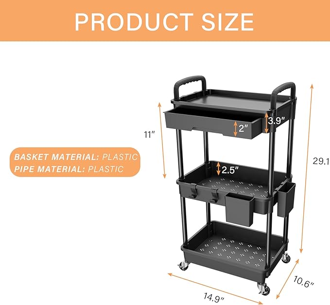 3 Tier Rolling Utility Cart with Drawer,REBECAT Utility Cart Made of Multifunctional Storage Organizer Tool for Kitchen,Bathroom,Living Room,Office(Black)