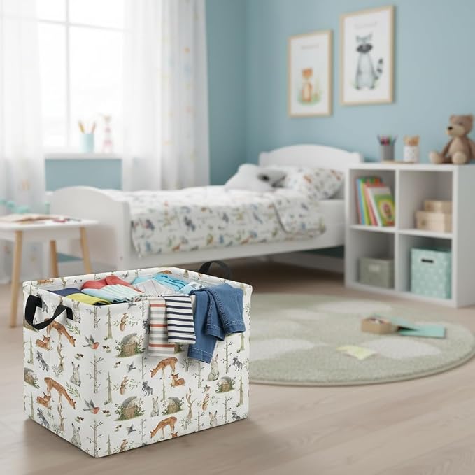 Rectangular Valentines Basket Fabric Storage Bin Storage Boxes Collapsible Storage Basket for Clothes Books Shelves Basket(Woodland Animal)