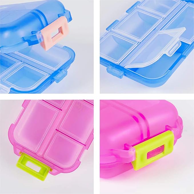 Small Travel Pill Box Organizer, 10 Compartment Pill Case Planner | Portable Folding Daily Medcine Container Capsule Dispenser for Storage Medication, Meds, Vitamin, Fish Oil, Supplement, Blue