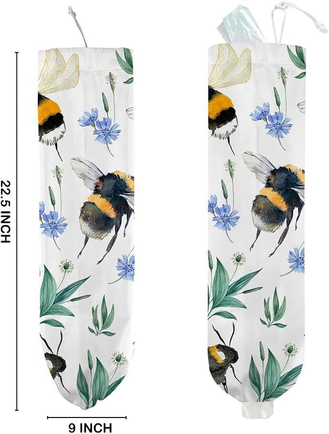 Bee Plastic Bag Holder, Summer Floral Grocery Bag Holder for Plastic Bags | Wall Mount Washable Grocery Bags Storage Dispenser for Home Kitchen Pantry Farmhouse, Bee Gifts for Women Mom