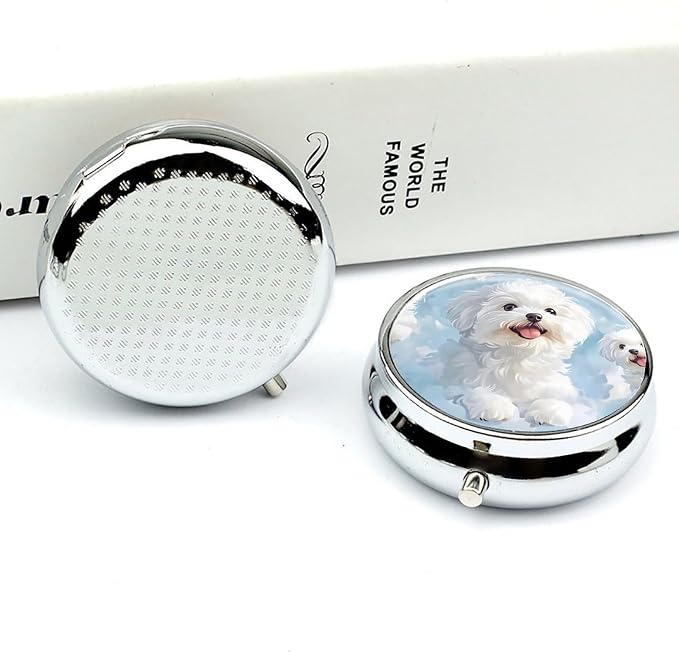 Cute White Dog Metal Pill Organizer with Mirror, 3-Compartment Travel Pill Box, 2-Inch Round Pocket Medicine Case with Secure Latch, Portable Vitamin Holder for Women & Men
