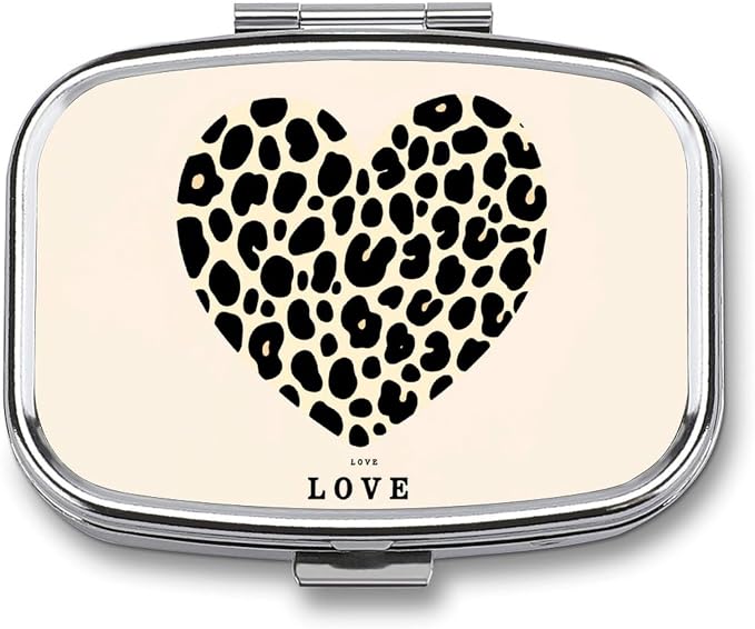 Leopard Print Heart Durable Metal Pill Case for Daily Use, 2 Slot Medicine Box Organizer,Leak Proof Travel Pill Container for Vitamins, Compact Pocket Medicine Holder for Seniors,Holiday Gift