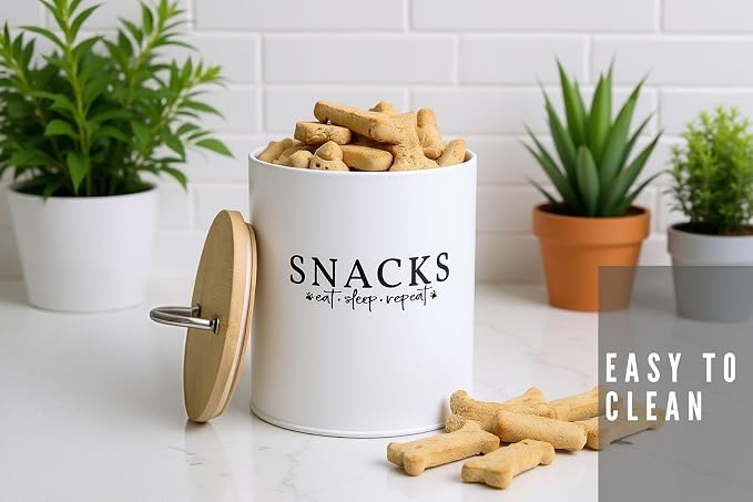 White Dog and Cat Treat Container with Easy to Open Bamboo Lid, 8.5 cups/ 70 fl oz.