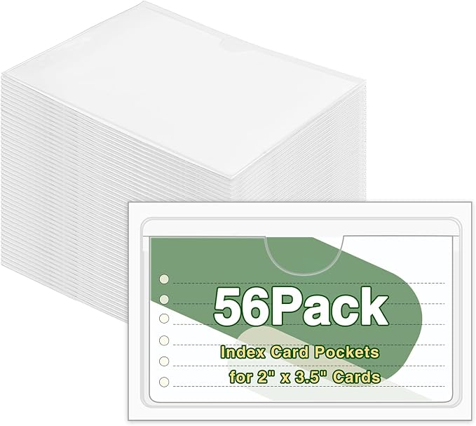 56 Pack Clear Adhesive Index Card Holders 2" x 3.5" Label Pockets | Top-Opening Pvc Pockets, Not Included Index Cards, Clear And Durable, For Bins, Shelves, Library Cards And Storage Labeling