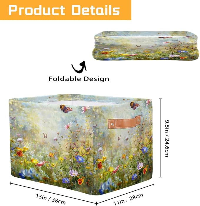 Storage Baskets Bin, Spring Wild Flowers Butterfly Collapsible Canvas Fabric Storage Bin Decorative Baskets Toy Organizer Rectangle Storage Boxes with Handles for Home Shelves Nursery,1Pack,A-696