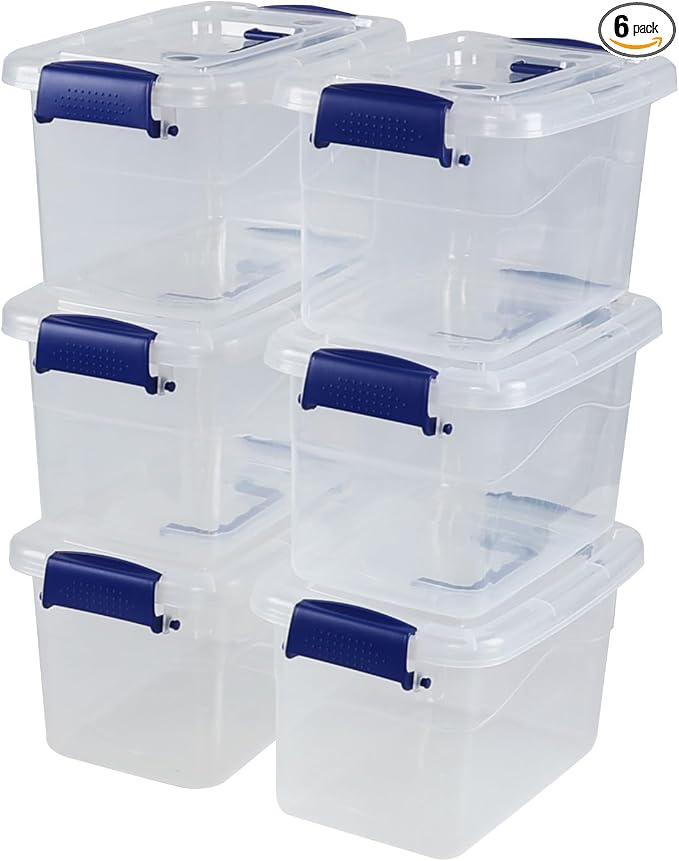 6-Pack Clear Storage Box 6 Quart, Plastic Storage Latch Bins | Stackable Organizer Totes with Handle, Ideal for Pantry, Closet, Craft, Toys, Office Storage