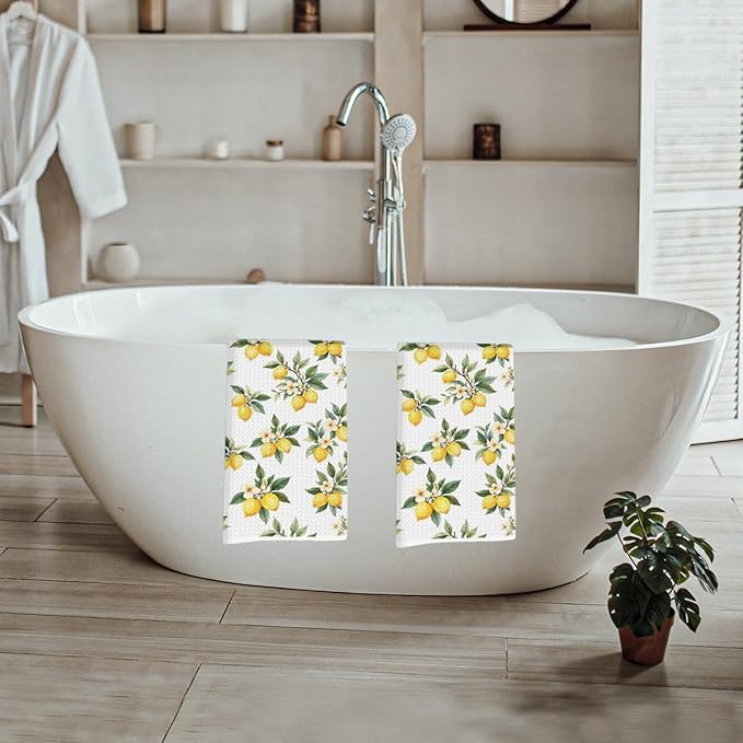 2 Pcs Rustic Lemon Kitchen Towels, Summer Flower Decorative Absorbent Microfiber Dish Cloth Tea Towel, Waffle Soft Hand Towels for Farmhouse Home Bathroom Kitchen Decor, Lemon Gifts