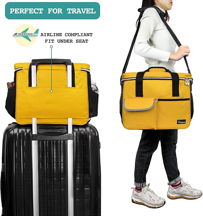 PetAmi Dog Travel Bag Organizer, Pet Supplies Diaper Tote, Yellow Medium | Pet Travel Kit with 2 Food Containers & 2 Collapsible Dog Bowls, Luggage Sleeve, Weekend Getaway Road Trip Camping Essentials