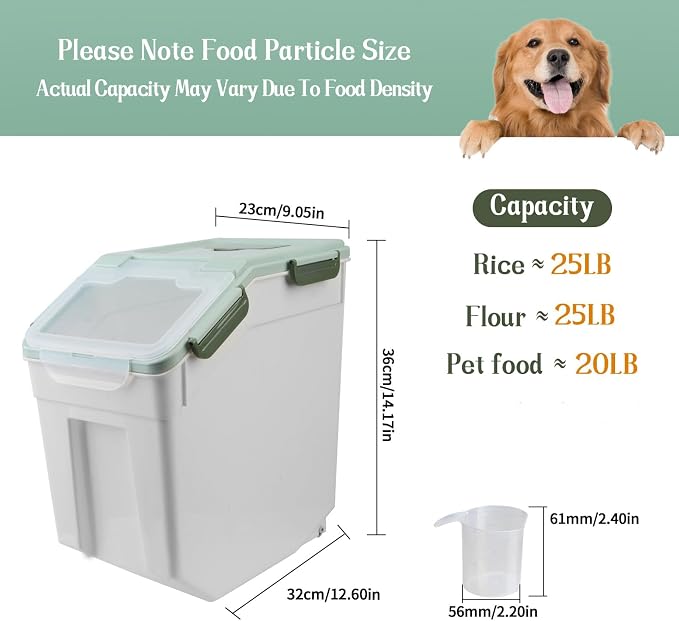 Saim 4Pack 25lbs Flour & Rice Storage Container Bin,Rice Dispenser (Green) | BPA free plastic with seal lid, rolling wheels and measuring scoop for rice, flour, cereal and grain one-hand scooping