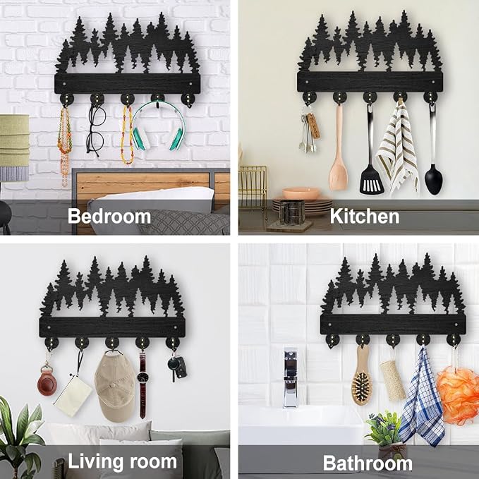 MAYJOYDIY Forest Coat Rack Wall Mount - 11.8x7.9 inch Wood Dense Forest Tree Wall Art Decor Key Holder 5 Alloy Hooks Black Hook Rack for Entryway, Living Room, Bedroom - Gift