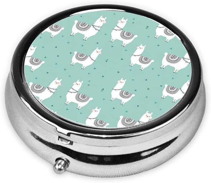 Travel Medicine Box, Llama Animal Cartoon Round Small Organizer, Metal Pill Case for Fish Oil, Portable Dispenser Purse Pocket for Commuters