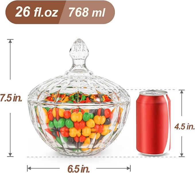 ComSaf 26oz Glass Candy Dish with Lid Crystal Candy Jar Clear Covered | Covered Candy Storage, Coffee Table Office Desk Bathroom Vanity Decor, Countertop Display, Large Capacity, Kitchen Storage