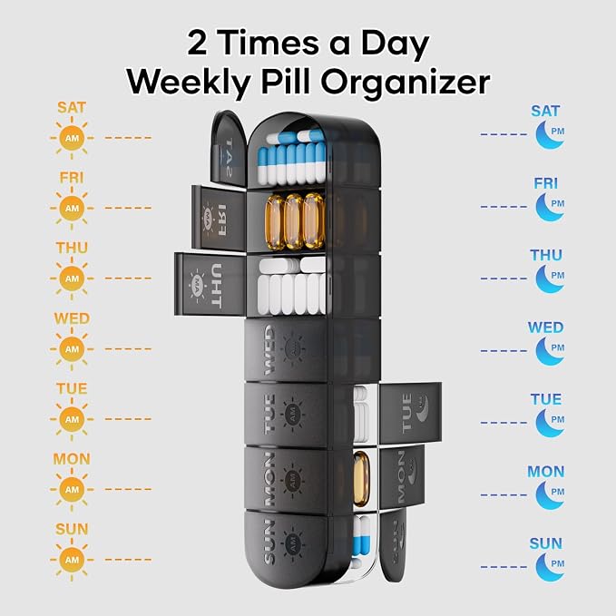 Weekly Pill Organizer 2 Times a Day, Travel Medicine Pill Organizer, Pill Box Case 7 Day AM PM BPA-Free, Pill Container for Vitamins, Fish Oil, Supplements and Medication, Black