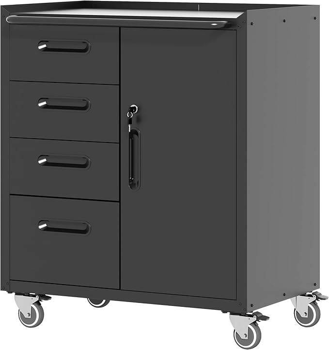 Mobile Tool Storage Cabinet with 4 Drawer and 1 Locking Doors | Heavy Duty Rolling Tool Cabinets for Garage,Metal Storage Cabinets Tool Cart on Wheels with Wheels,Assembly Required