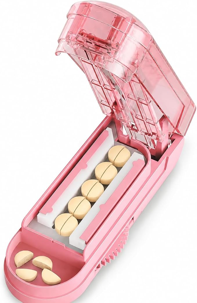 ONE PIX Pill Cutter Splitter for Small and Tiny Pills, Multiple Pill Splitter with Centering Device & Hidden Blade, Adjustable Tablet Cutter for Large Pills, Seniors, Pets, Pink