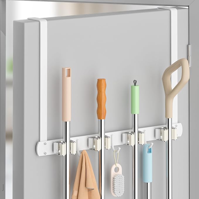 Broom Holder Over The Door with Hooks -304 Stainless Steel (White) | Save Space, Anti-Rust & Sturdy, Mop and Broom Holder Wall Mounted or Hanging Over The Door, for Garage Laundry Kitchen