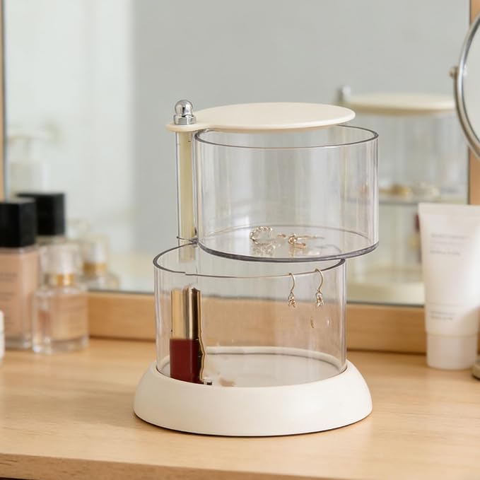 Sorandy Makeup Sponge Storage Box, 2 Tier PET Clear Rotating Makeup Blender Organizer Storage Container with 360 Degree Access for Powder Puff Cotton Pads (White)