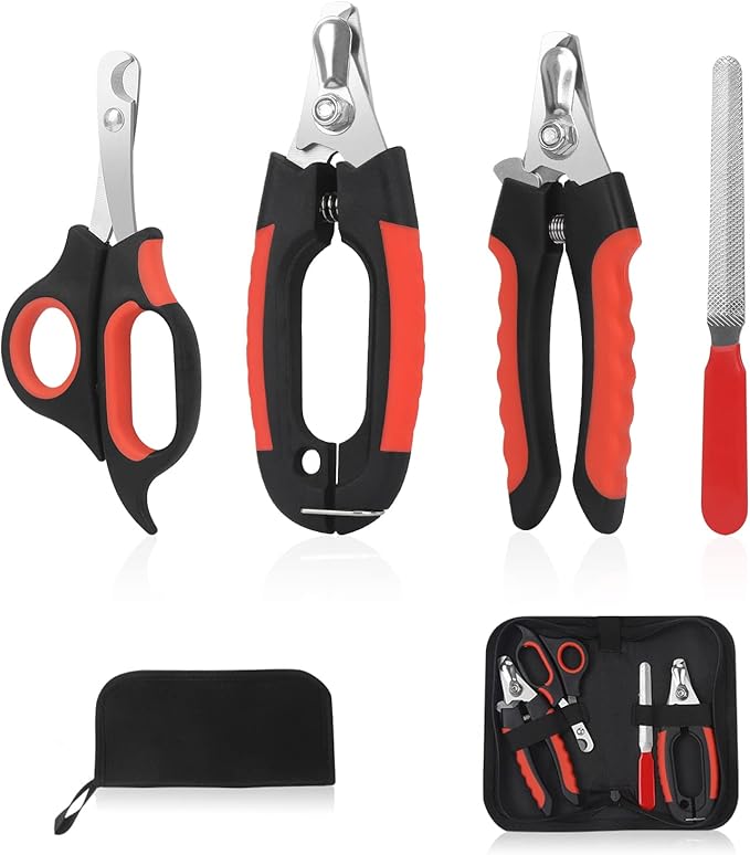 Dog Nail Clippers Trimmer Set, Quick Safety Guard to Avoid Over-Cutting, Stainless Steel Razor Sharp Blades, Sturdy Non-Slip Handles, Storage Case and Nail File, Professional Pet Grooming