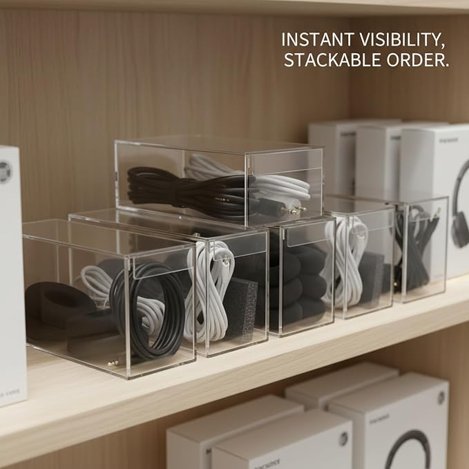 Stackable PET Storage Box, Rigid Clear Organizer for Cables & Small Items, Durable Transparent Container, 13 x 3.3 x 1.6 Inches