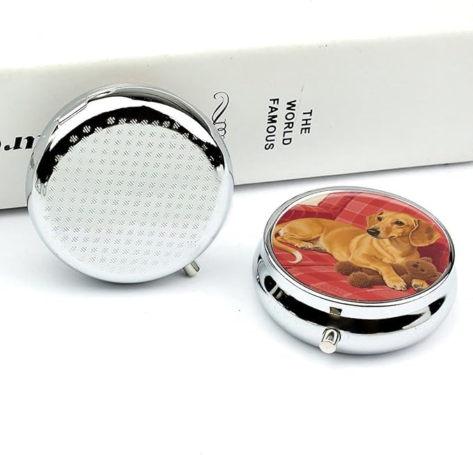 Dachshund Weiner Pet Dog Pill Box 3-Compartment Travel Pill Organizer Portable Round Medicine Case with Mirror Design for Vitamins, Jewelry & Essentials Durable Pocket Pillbox for Purse, Camping