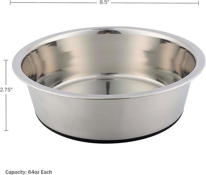 Set of 2 Stainless Steel Dog Bowls - 64oz/8 Cups Food and Water Bowls for Dogs and Cats - Non Slip Metal Pet Dishes for Medium to Large Sized Pets - Puppy Essentials by PETMAKER