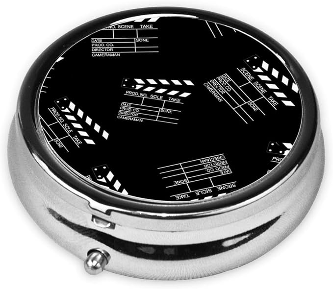 Mini Pill Box, Portable Round Organizer for Daily Vitamins, Travel Pill Case Pocket Purse Use, Waterproof Design for Men Women, Movie Clapboard