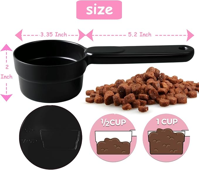 Joyinjojo Dog Food Scoop 1 Cup 1/2 Cup - Melamine Dog Food Measuring Cup, Pet Food Scoop for Dog Cat...Comfortable Long Handle for Easy to Scoop Food, Black 1 Cup