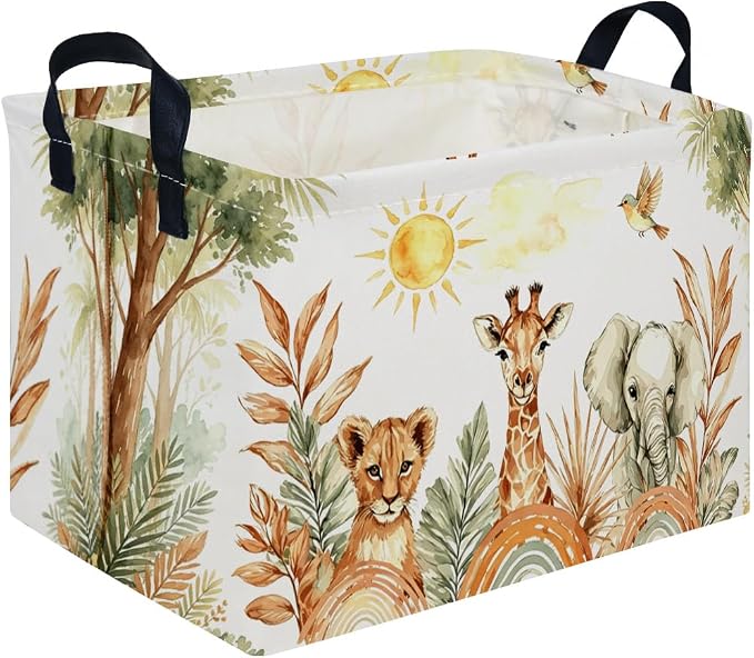 Rectangular Animal Baskets,Collapsible Gift Basket with Handles,Book Bins,Shelf Basket(Yellow animal)