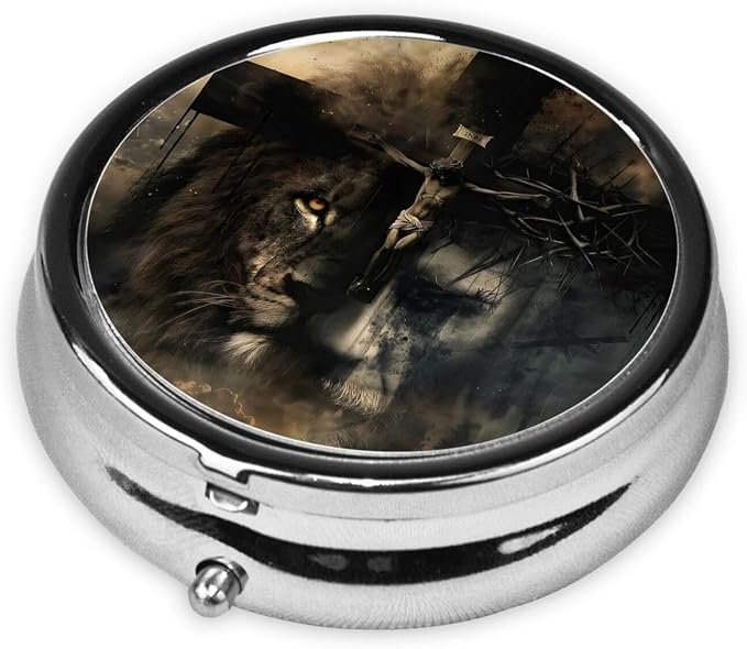 Lion and Cross Portable Pill Organizer | 3 Compartment, With Mirror, For Men Women, For Daily Supplements, Vitamins, Fish Oil, Jewelry, Candy, Travel