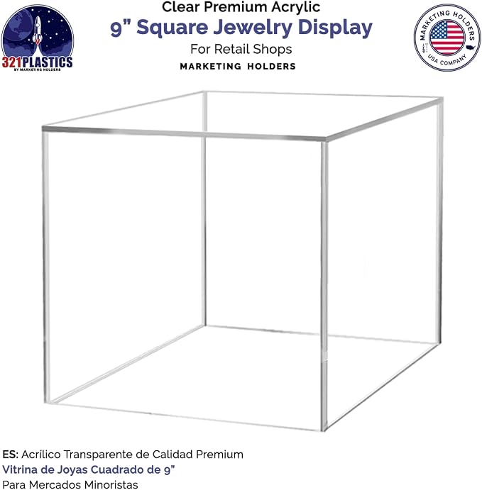 9" Clear Acrylic Display Box with One Open Side No Lid Versatile Square Retail Product Riser or Merchandise Storage Bin No Assembly by Marketing Holders