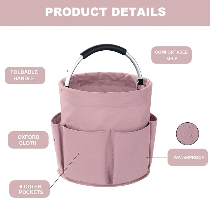 Cleaning Caddy with Handle, 17L Foldable Cleaning Supplies Organizer, Portable Storage Basket, Cleaning Supply Caddy, Multifunctional Cleaning Bucket Bag for Garden, Home, Kitchen (Pink)