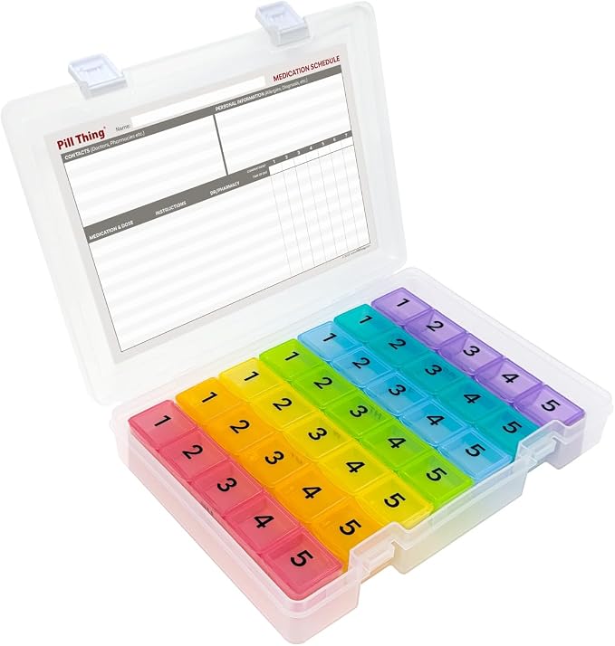 5 Times a Day Weekly Pill Box Organizer Case, Secure 7 Day Pillbox with Medication Schedule (5 Time-a-Day)