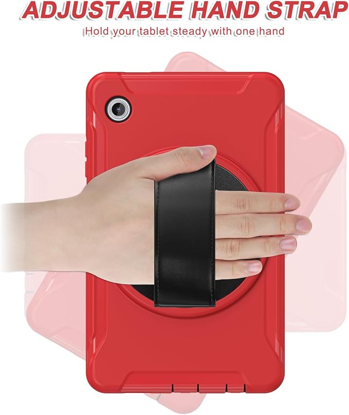 for Samsung Galaxy Tab A11 (2025) 8.7 inch Case 5G with Screen Protector, Hand Strap, Pen Holder & 360° Rotating Stand,Shockproof Protective Cover for SM-X130/X133/X135 (Red)