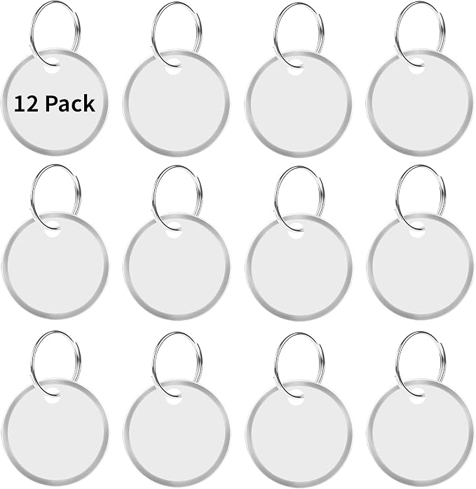 12 Pack Key Tags 1 Inch - Round Key Chain Tags Writable White Paper Labels with Metal Edges and Split Rings Sturdy Lightweight Key Item Identifiers