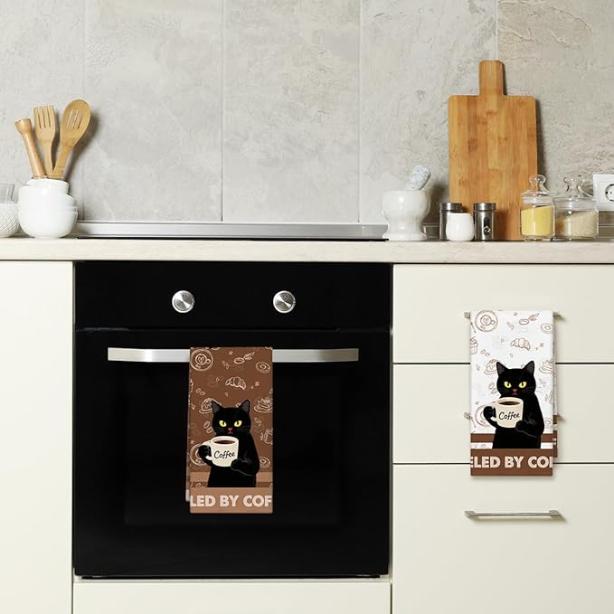 WwongxianB Black Cat Kitchen Towels Decorative Set of 2, Vintage Coffee Towel Hand Towels Highly Absorbent Dish Cloths 16x24 Inches, Bathroom Dining Room Decor, Cat Lovers Gifts -01