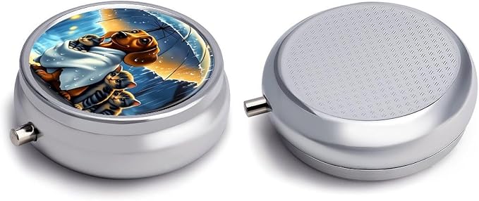 Pets Metal Round Pill Box, 3 Compartment Travel Organizer, Portable Pill Container with Secure Latch, 2 Inch Circular Vitamin Caddy for Pills and Vitamins, Gift for Him Her Elderly