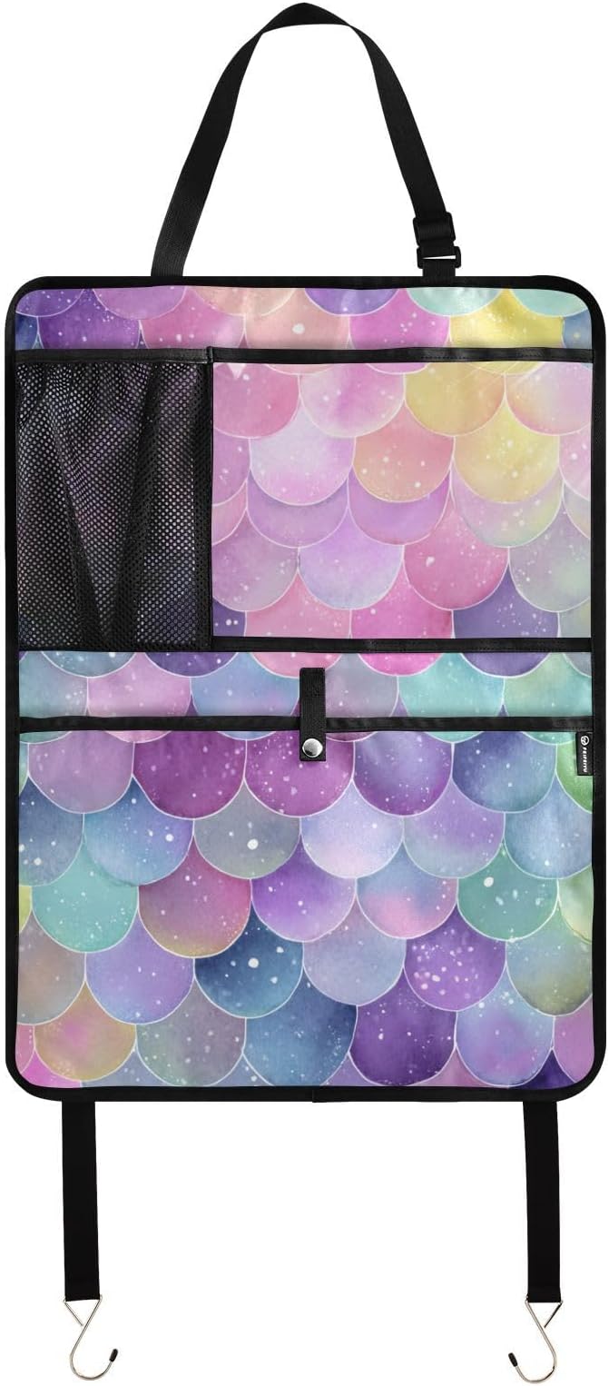 2 Pack Back Seat Car Organizer with Storage Pockets Kick Mats Back Seat Protector Hanging Car Organizer Automotive Seat Back Cover Organizers Watercolor Mermaid Scales Colors