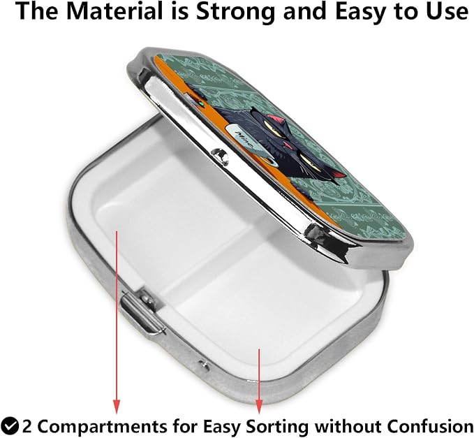 ABLESKY Pill Box, 2 Compartment Pill Organizer Case for Pocket or Purse, Small Portable Metal Travel Medicine Box with Mirror, Daily Vitamins Fish Oil Container-Retro Cat