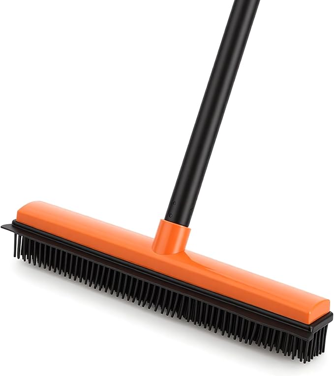 CLEANHOME Rubber Broom for Pet Hair on Carpet & Stairs, Adjustable Long Handle Rubber Broom & Squeegee, Pet Hair Remover Tool for Hardwood Tile Floors, Dog Cat Hair Broom