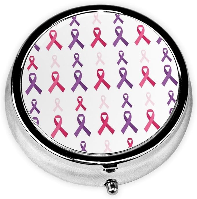 Travel Pill Dispenser, Round Small Organizer, Metal Case for Medicine, Pocket Purse Container for Camping Trips, Breast Cancer Awareness Pink Ribbons