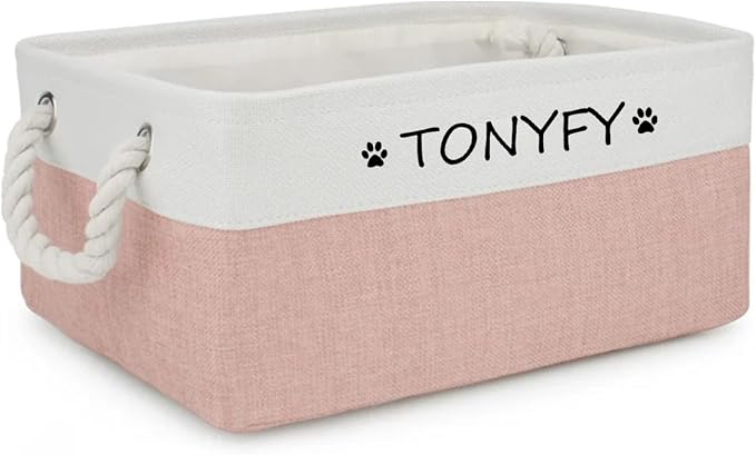 Pet Toy Storage Box Dog Toy Organizer Basket Personalized Large Capacity Collapsible Bin Two-Tone Linen Chest with Sturdy Handles for Living Room Pet Supplies Organizing (White Pink L)