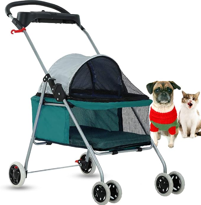 Dog Stroller Pet Stroller Cat Strollers Jogger Folding Travel Carrier Durable 4 Wheels Doggie Cage with Cup Holders 35Lbs Capacity Waterproof Puppy Strolling Cart for Small-Medium Dogs, Cats - Teal