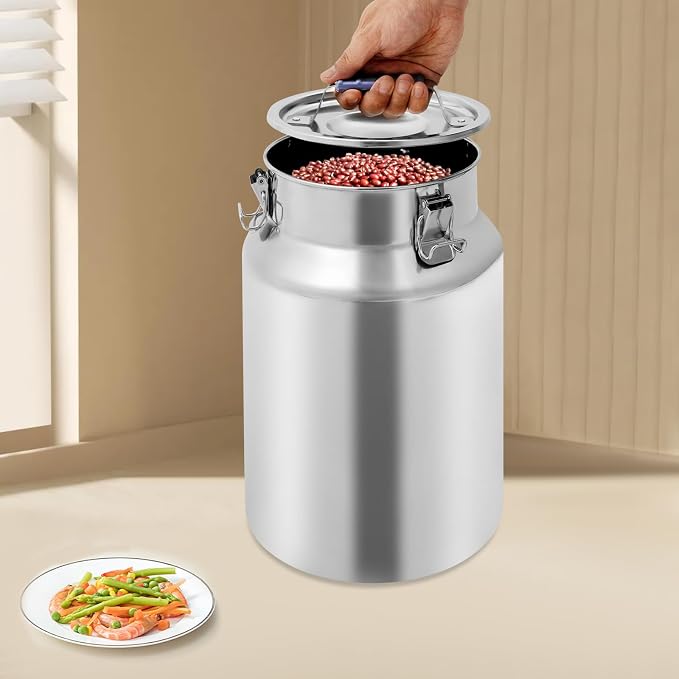 12L Stainless Steel Rice Storage Container with Airtight Lid&Handle, Silver | Secure 3-Buckle Locking Lid, Portable Handle and Wide Opening, Stores Rice, Flour, Pet Food, Tea, Oil, Milk, Grains