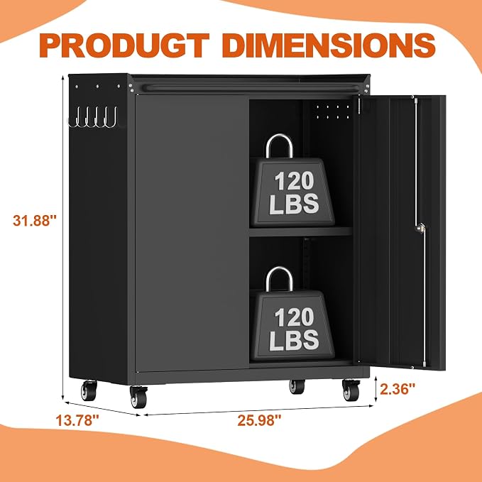 32''H Metal Storage Cabinets with Lock, Metal Garage Storage Cabinet on Wheels, Lockable Rolling Tool Chest Cabinet with Doors & Adjustable Shelves for Garage, Home, Office, Assembly Required