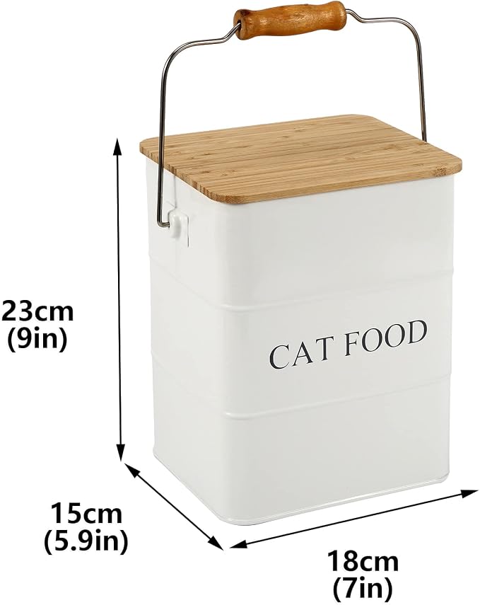 Morezi Cat Food Storage Container Storage bin with Wooden lid Scoop Included White Metal cat Food Container in Kitchen countertop