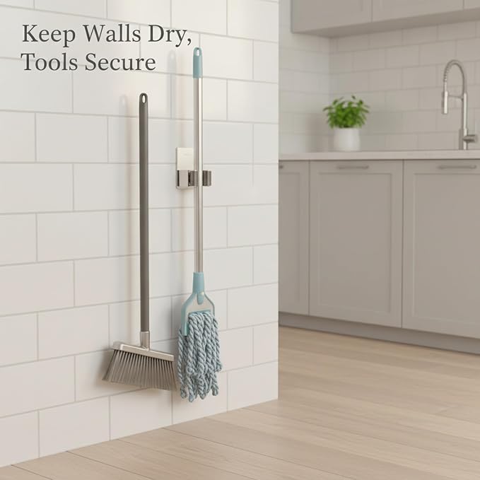 Stainless Steel Mop and Broom Holder Wall Mount, No-Drill Adhesive or Screw-In Hook for Bathroom, Laundry, Garage Organization (1 Pack)