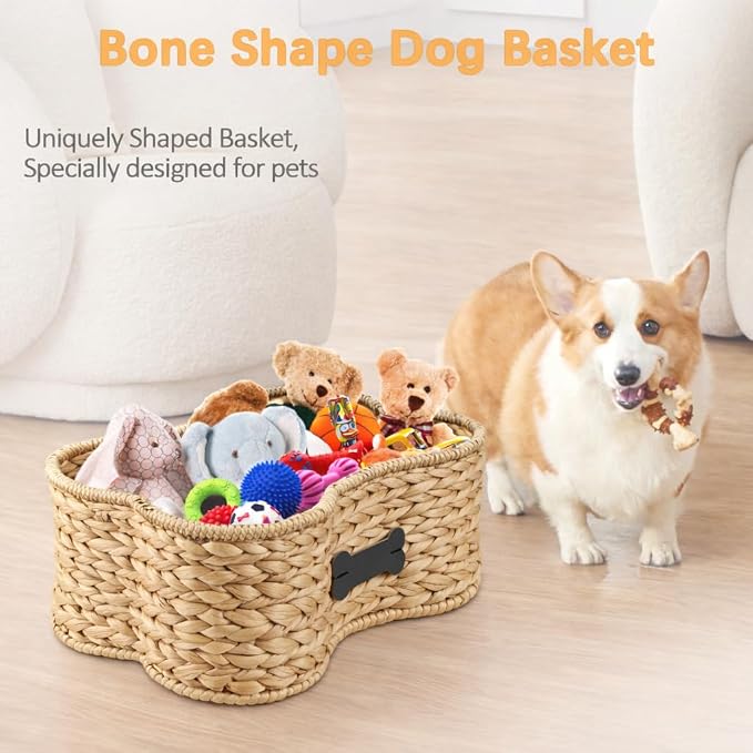 Pet Dog Toy Basket - Bone Shape Storage Bin, Personalized Organizer for Cat Toys, Wicker Holder Box for Living Room, Handmade Water Hyacinth