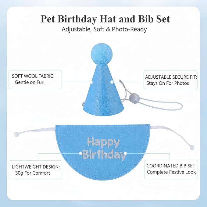Adjustable Dog Birthday Hat and Bib Set, Soft Pet Costume Accessory for Small to Medium Dogs