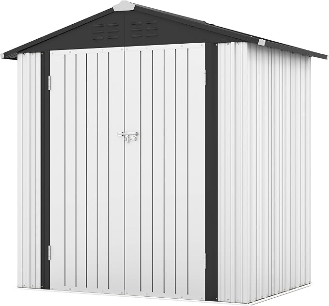 Patiowell 6x4 FT Outdoor Storage Shed, White | Garden Tool Storage Shed, Sloping Roof, Double Lockable Door, For Garden Backyard Patio Lawn