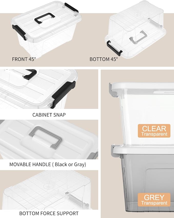 NUMIFUN 7Qt Clear Plastic Storage Bins with Lids,Transparent Design,6 Pack | Stackable organizing totes with buckle latches & handles.Dust-proof clear design for home,office & pantry space saving